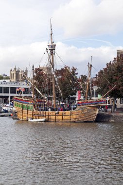 A replica of the Matthew, the ship in which John Cabot sailed from England to North America in 1497, moored by the Arnolfini arts centre in Bristol, UK clipart