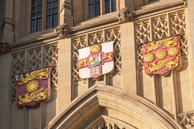 BRISTOL, İngiltere - 15 Mart 2017: Bristol Üniversitesi Wills Memorial Binası 'nın kapısının üzerindeki taş işçiliği