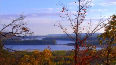 Sonbaharın güzel renkleri, nehirden kıyıya ve ormana manzara.