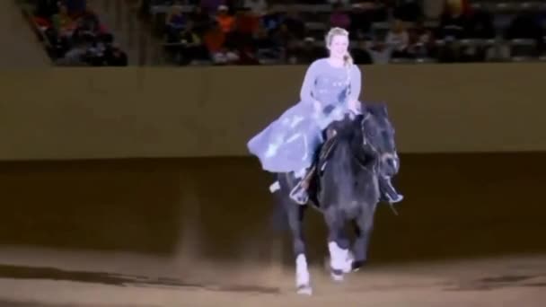 女の子が黒い馬の上でショーを示す — ストック動画