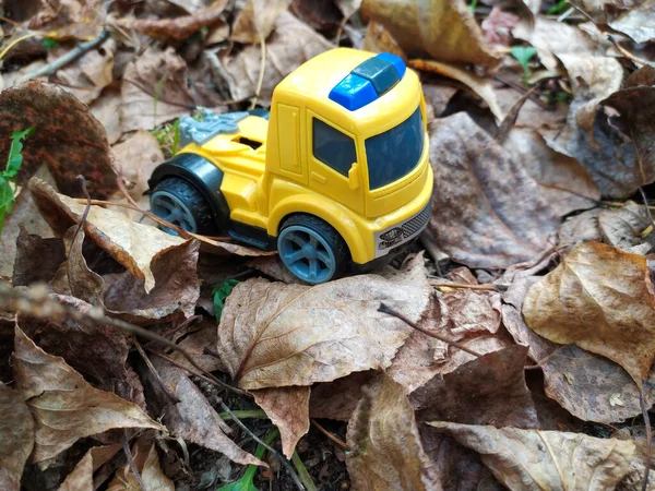 Children\'s toy car on the ground. Early child development. Outdoor games. Fall.