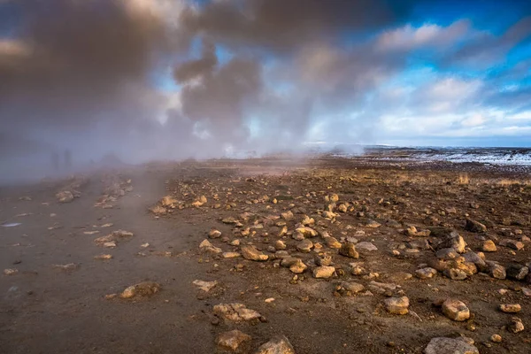 Crowd Smoking Chimneys Puddles Boiling Water Hverir Iceland — Stock Photo, Image