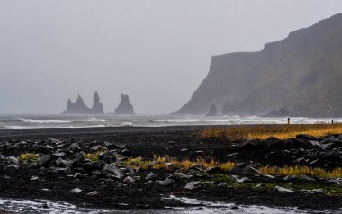 Reynisdrangar, İzlanda 'nın Vik köyünden taş topluyor.