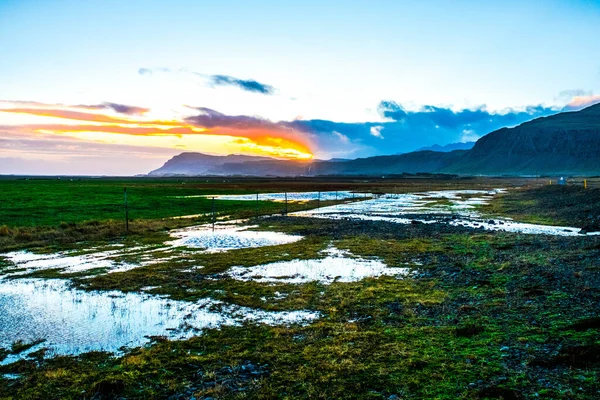 Alcuni Stagni Nella Pianura Nel Sud Dell Islanda Tramonto — Foto Stock