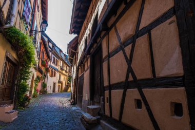 Eguisheim Fransa 'da Alsace' de bir köy, eski mimari, pencerelerde çiçekler ve renkli cepheler.