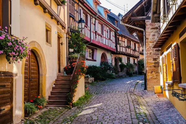Eguisheim Fransa 'da Alsace' de bir köy, eski mimari, pencerelerde çiçekler ve renkli cepheler.