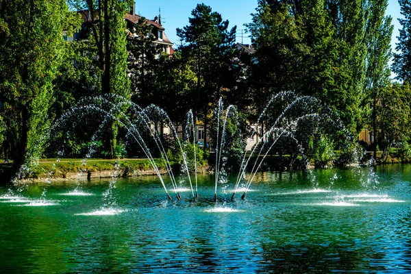 Ren Nehri 'nin ortasında Melhouse, Alsace, Fransa' daki Ren Kanalı 'na bir çeşme.