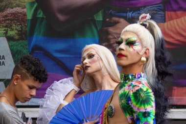 Some people in costume, participating in the LGBTQIA+ Pride Parade in the city of Goiania.