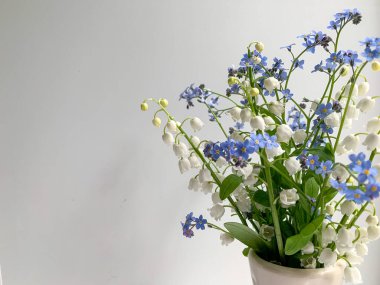 Bahar çiçekleri vadi çiçekleri ve beyaz arka planda mavi çiçekler. Bahar çiçekleri. Sevdiklerine bir hediye..