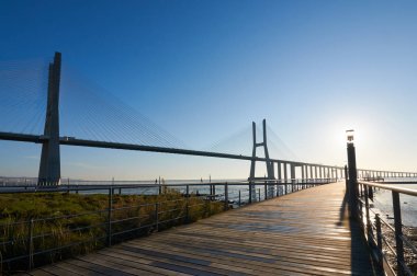 Gün doğumundan dakikalar sonra Vasco da Gama köprüsünün arkadan aydınlatılmış fotoğrafı