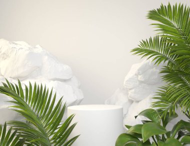 Yeşil Tropikal Bitkiler ve Kaya Arkaplan 3D görüntüleme ile Mockup White Podium