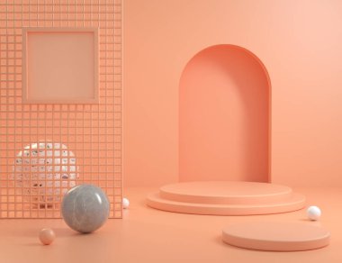 Podyum Turuncu Pastel Sahne Arkaplanı Çerçeve Boşluğu ve Mermer Top 3d Render
