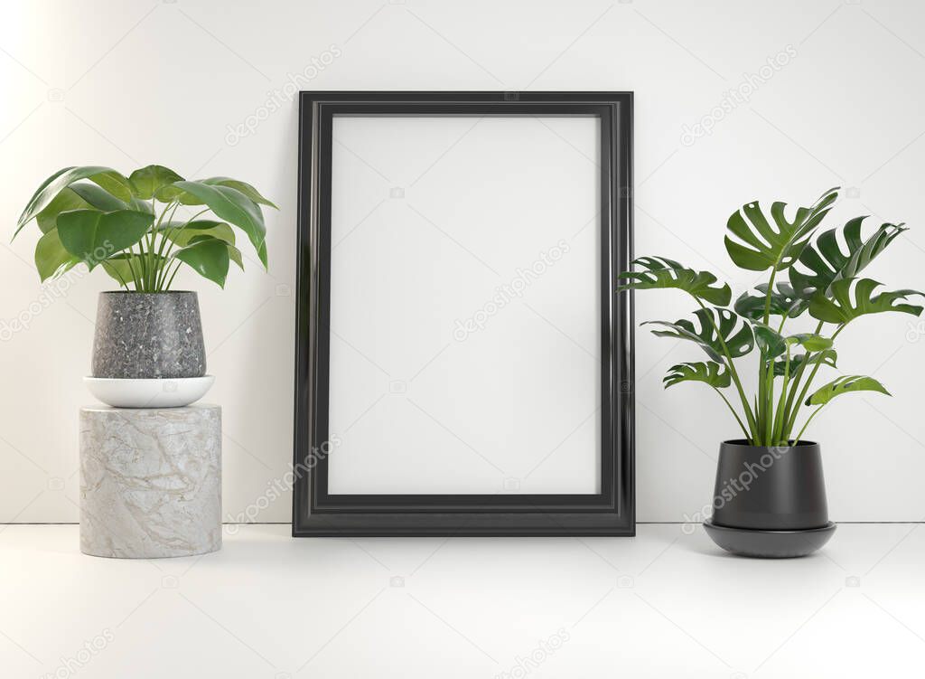 Mockup Black Poster Frame With Plants On White Wall 3D Render
