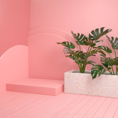 Minimal Mockup Pembe Pembe Platform Canavar Bitkileri ve Tahta Döşeme 3D Render