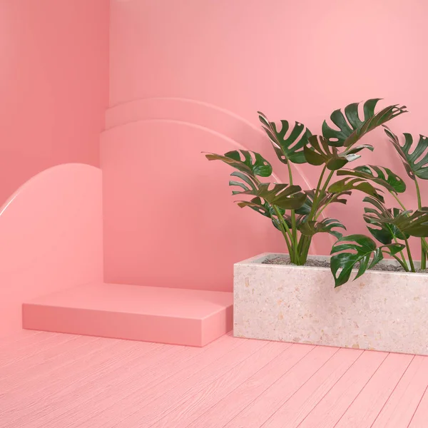 Plataforma Rosa Mínima Mockup Com Plantas Monstera Renderização Assoalho Madeira — Fotografia de Stock