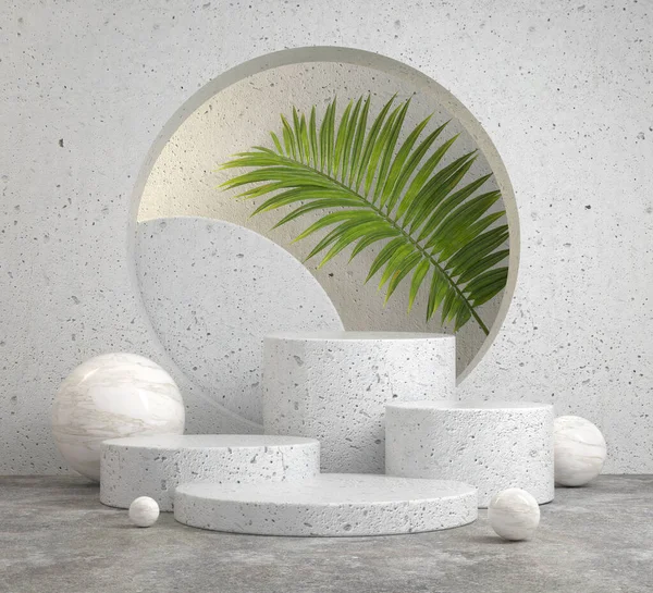 Абстрактный Подиум Белого Камня Установленный Бетонном Полу Пальмовых Листьях — стоковое фото