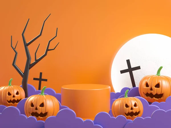 Halloween Mockup Podium Concept Pumpkin Fog Moonlight Background Render — 스톡 사진