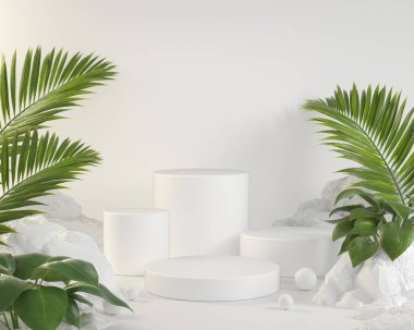 Mockup Boş Beyaz Podyum Koleksiyonu Palm Leaves ve Tropikal Bitkiler 3d Render