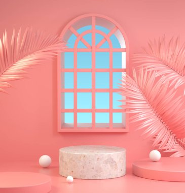 Mockup Stone Podyumu Pembe Oda Arkaplanı ve Penceresi 3D