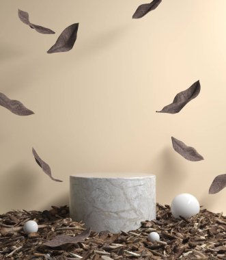 Kuru Yaprakları Bej Renk Arkaplanına Düşen Kuru Yapraklı Mockup Boş Podyum 3d Renklendirici