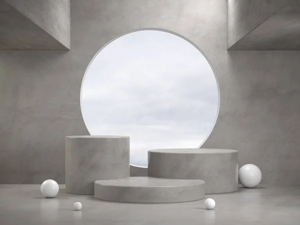 Mockup Polished Concrete Podium Set With Circle Window Abstract Background 3d Render