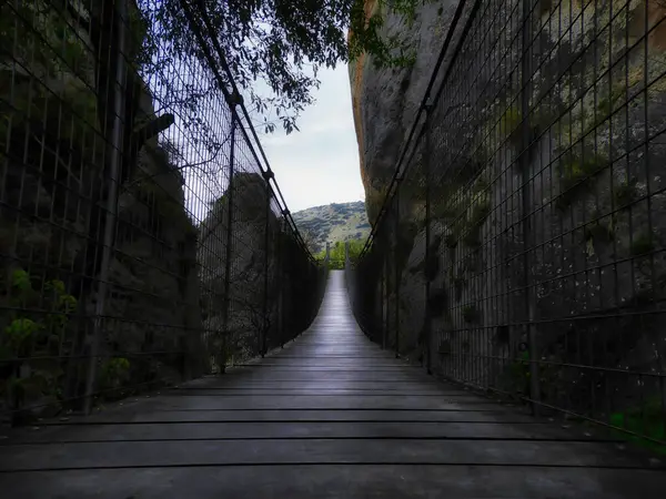 Yanları çitlerle çevrili yalnız bir köprüde yol.