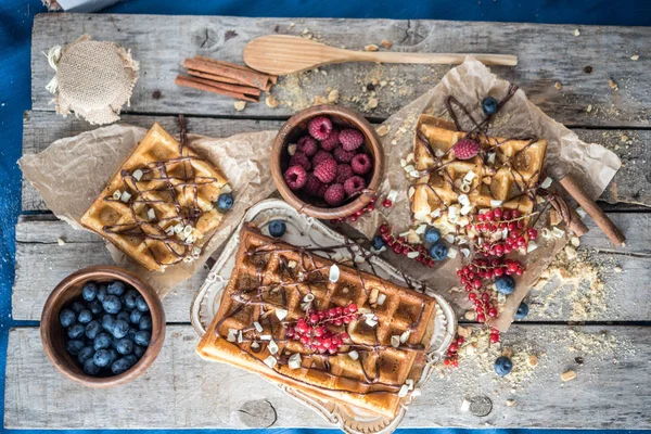 Top View Waffles Berries Chocolate — Stock Photo, Image