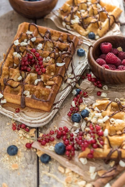 Waffles Berries Chocolate Served Tray Table — Stock Photo, Image