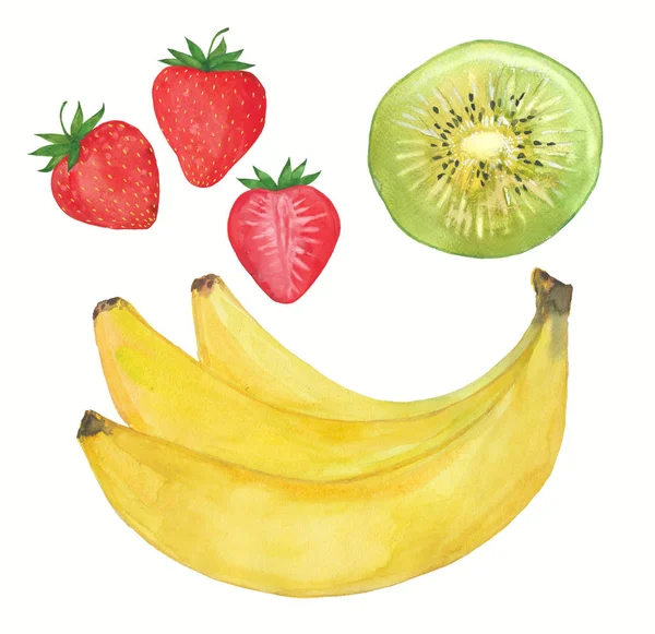 Erdbeeren, Bananen und Kiwi — Stockfoto