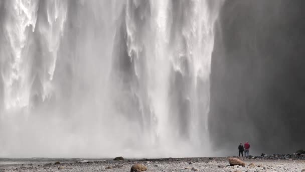 Man en vrouw paar kijken naar Skogafoss waterval in IJsland — Stockvideo