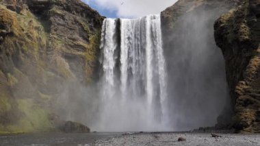 Kuşlar Skogafoss şelalesinin önünde yavaş çekimde uçuyor güneşli İzlanda günü