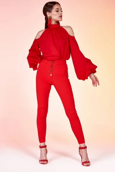 かなり美しいセクシーなエレガンス女性ファッションモデルグラマーポーズは赤い色のズボンシルクブラウス服のためのパーティー夏コレクションメイクヘアスタイルブルネット成功アクセサリーバッグジュエリースタジオ — ストック写真