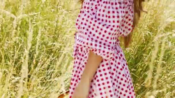 かなりセクシーな女性夏の楽しみ自然村風景太陽輝き草水熱美しいグラマー モデル ファッション スタイル コットン ドレス女性フットウェア コレクションの服アクセサリーの長い髪の宝石 — ストック動画
