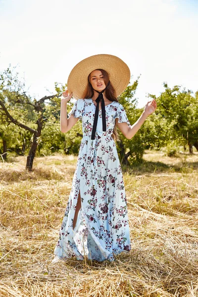 セクシーな美しい若い女性ファッション モデル長い青を纏うスタイリッシュなドレス夏コレクション アクセサリー麦わら帽子ホット自然園から歩いて乾燥草ロマンスかなり顔長いブルネットの髪日焼け太陽の輝き — ストック写真