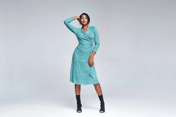 Piękna Kobieta Biznesu Styl Kolekcji Partii Moda Niebieski Odzież Sukienka — Zdjęcie stockowe