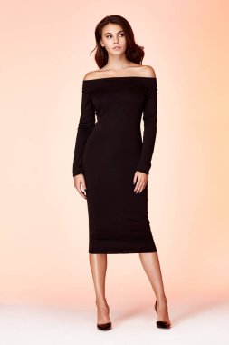 Güzellik Bayan modeli giyimi şık tasarım trend giyim siyah sıska elbise rahat resmi office tarzı yürüyüş parti esmer saç makyaj parti işkadını Sekreter diplomatik protokol toplantı çalışma için.