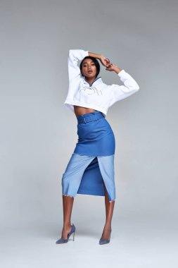 Yüz mükemmel vücut şekli melez cilt kozmetik makyaj saç stili şık giysileriyle casual giyim elbise glamour model poz parti ofis kıyafet aksesuar kot etek güzel seksi kadın moda.