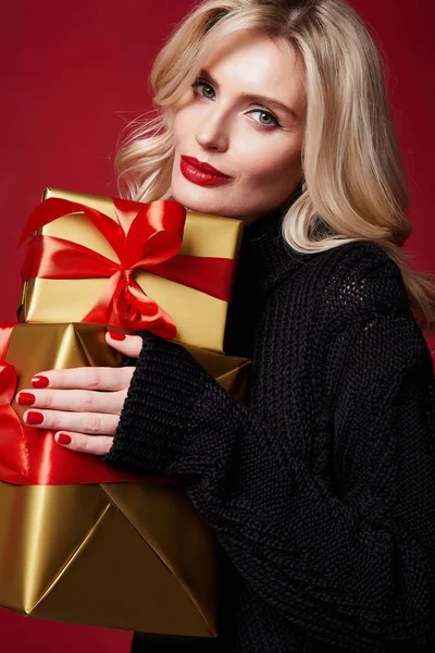 Beautiful Young Pretty Woman Bright Evening Make Shiny Red Lipstick — Stock Photo, Image