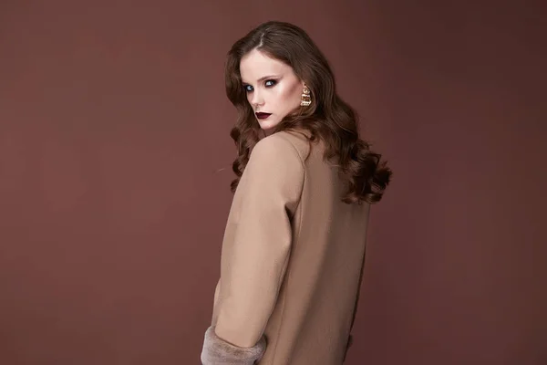 Beautiful sexy woman wear for meeting date business style wool cashmere coat accessory fashion collection shoes model pose long brunette hair natural make up businesswoman casual clothes outerwear.