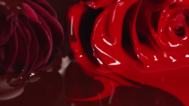 赤いペンキの口紅 液体の質感 アートの色合いを混合用オイル塗料を補う顔バラの花の花の化粧品 — ストック動画