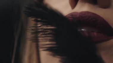 Bir kadının yüzüne, Cilt Bakımı, Dekoratif kozmetik, dudaklar için mat ruj için kozmetik closeup, siyah tüy hafifçe dokunur yanak, güzellik makyaj, gençlik güzel seksi model öpücük tutku.