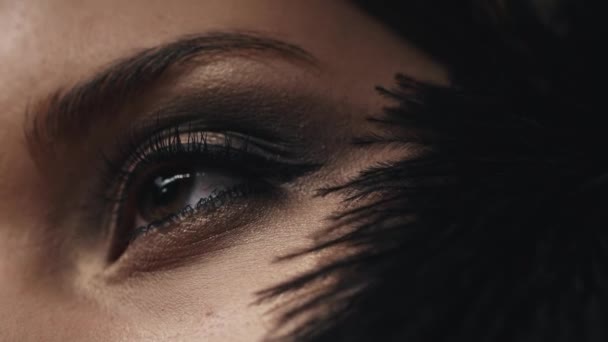 Közeli Modell Bőr Ellátás Kozmetikai Dekorációs Kozmetikai Óvatosan Megérinti Fekete — Stock videók