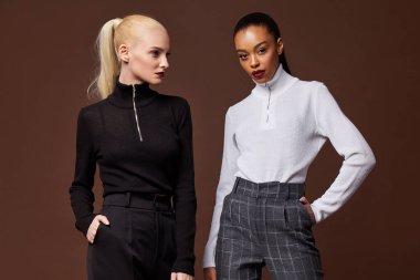 İki güzel seksi kadın, uzun esmer, sarı saçlı, cazibeli model. 