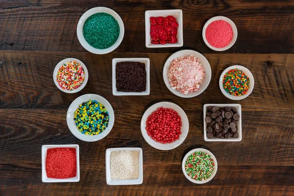 Array Sprinkles White Bowls Wooden Backdrop — Stock Photo, Image