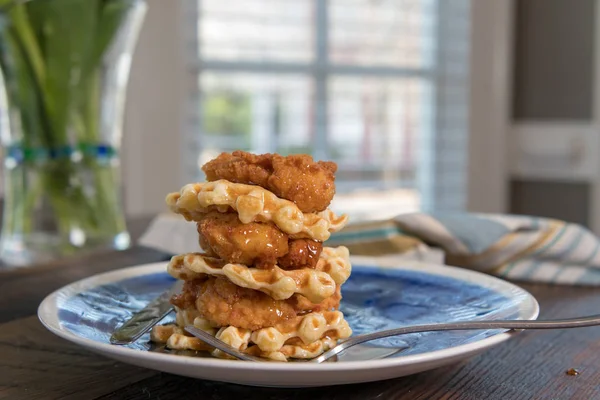 Chicken Waffles Stack Half Eaten Middle Meal — Stock Photo, Image