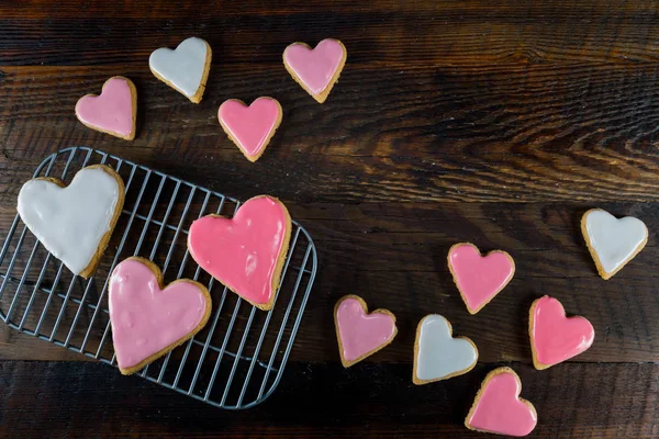 Heart Shaped Cookies Copy Space Upper Right Wooden Background — Stock Photo, Image