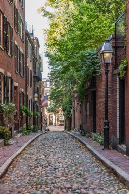 Arnavut kaldırımı taş sokakta tarihi Boston sokak lambası