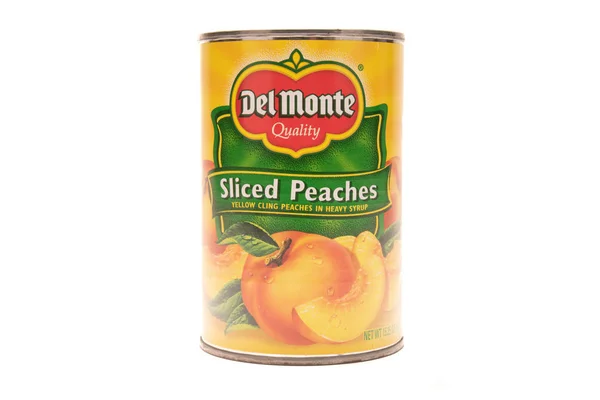 Апреля 2018 Года Концептуальная Редакция Del Monte Sliced Peraches Белом — стоковое фото