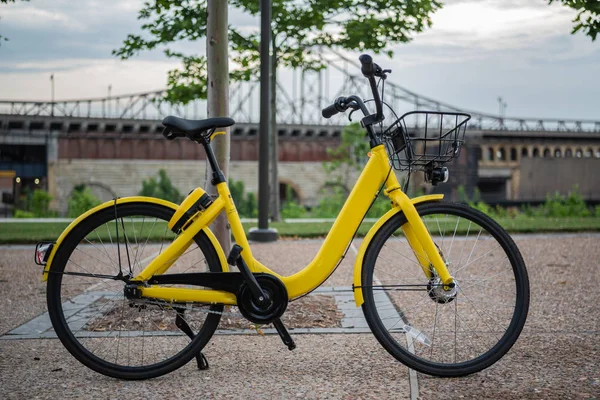 Προφίλ Του Κίτρινο Ποδήλατο Στο Πάρκο Της Πόλης — Φωτογραφία Αρχείου