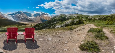 Panorama Pair of Red Chairs on the Trail Up to Wilcox Pass with Athabasca Glacier in the background clipart